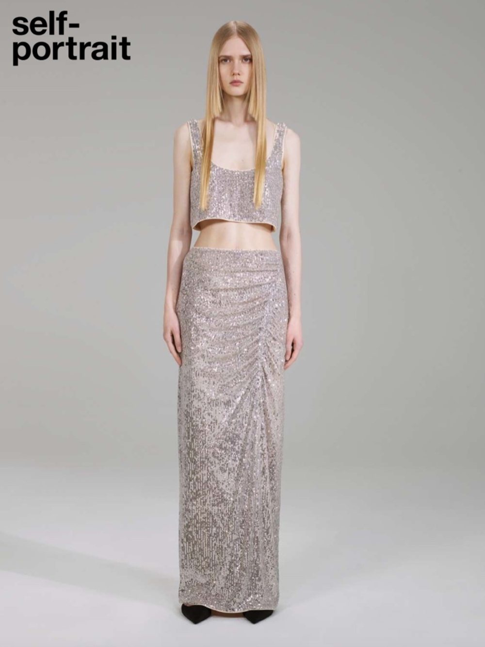 Self-Portrait Champagne Stretch Sequin Cropped Tank Top, Size 8, NWT Party